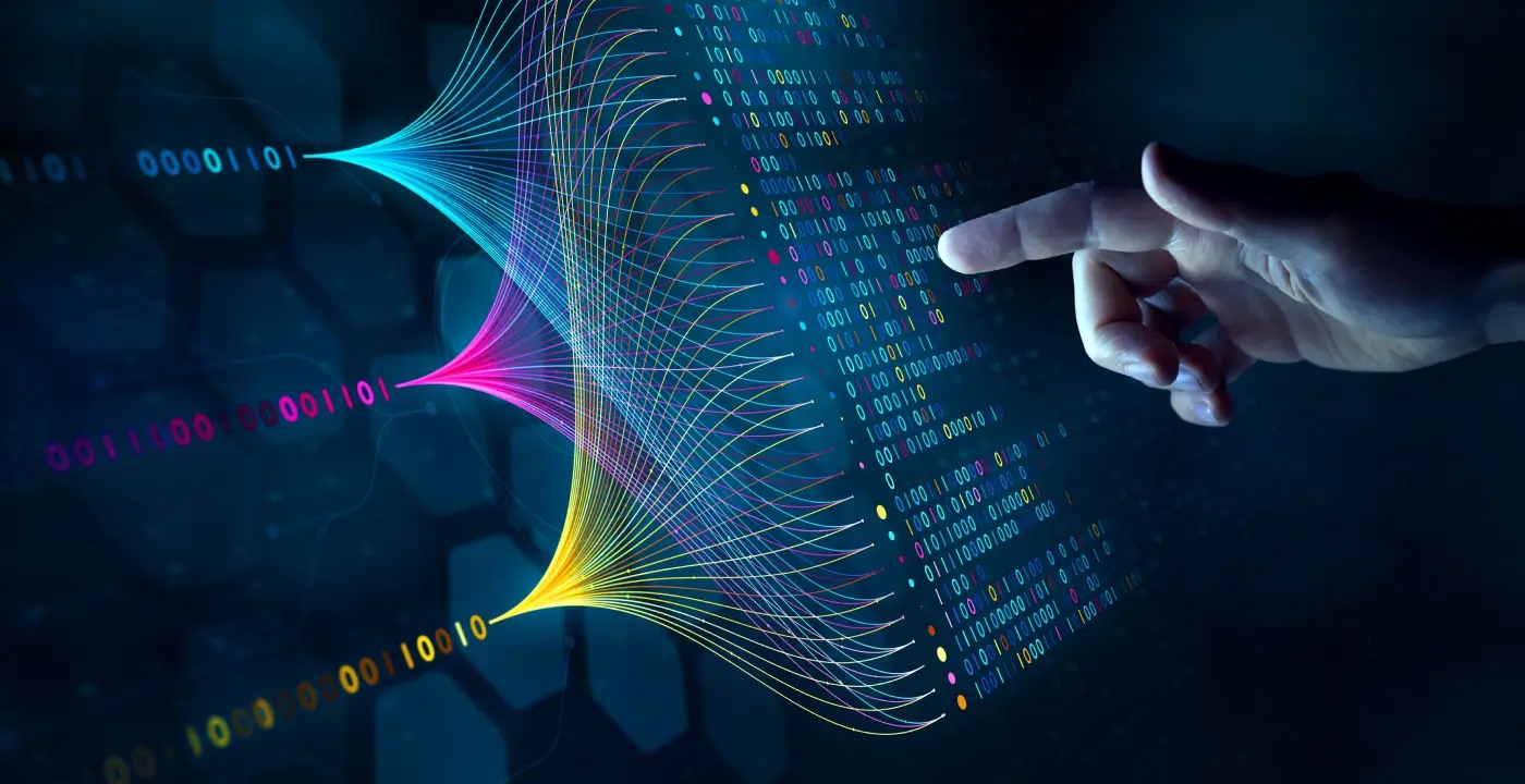 A hand pointing at a digital data screen displaying AI and ML integration.