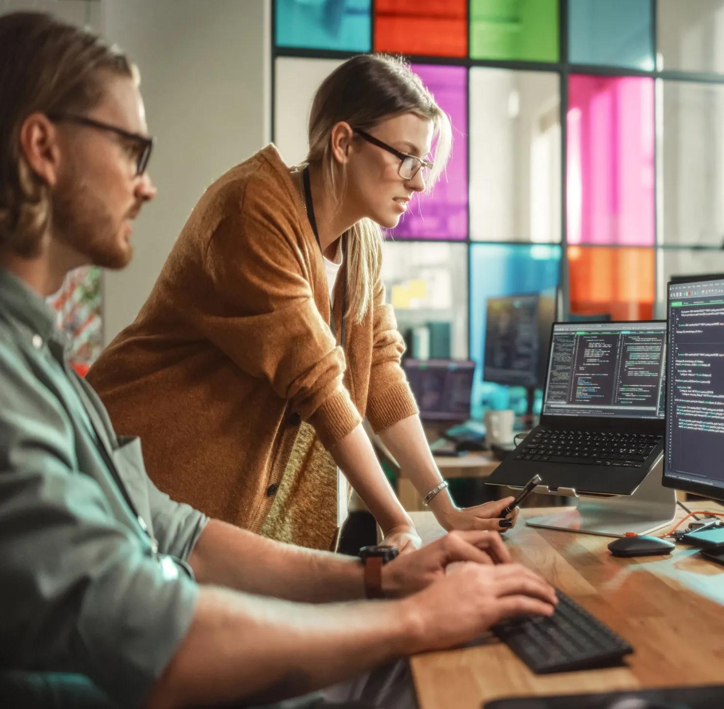 Image of two individuals engaged in computer work at an office during a Data Architecture Consultation