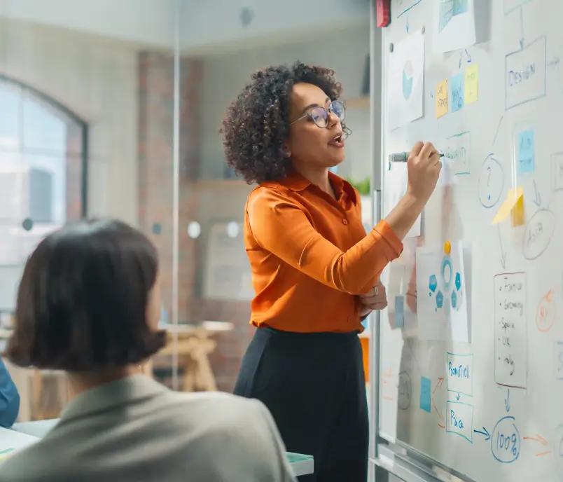 Woman working on whiteboard with focus on software testing solutions