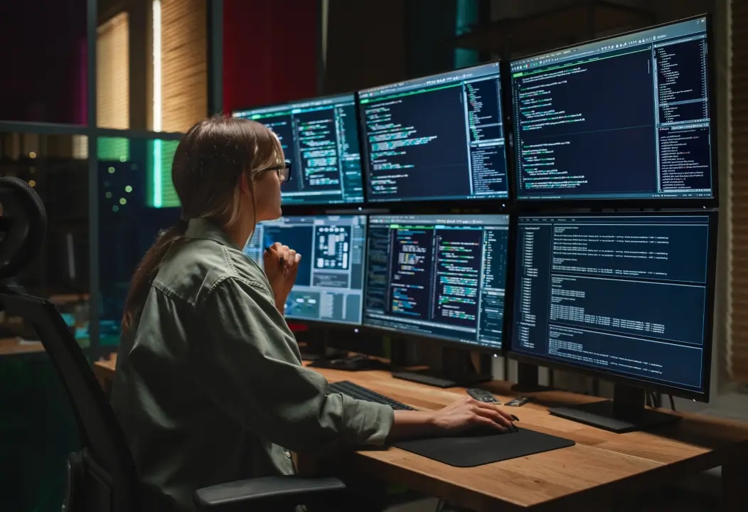 A man sitting at a desk with multiple computer screens, engaged in continuous monitoring